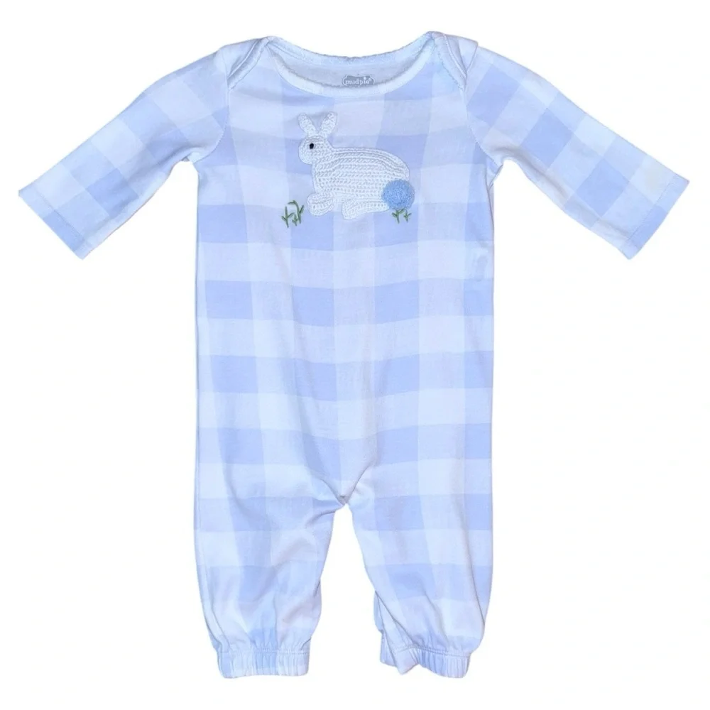 Mud Pie French Knot Bunny Convertible Gown 0–3M Blue Gingham Baby Easter Outfit